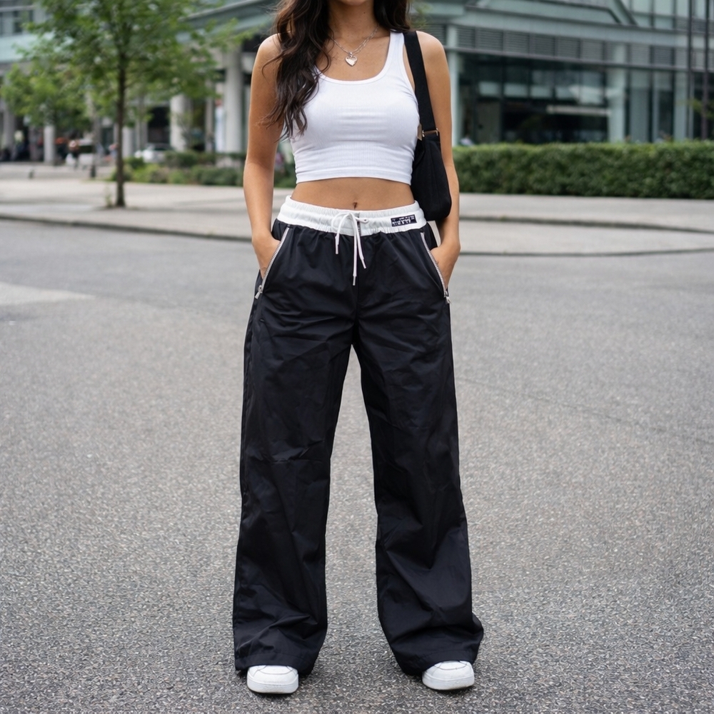 Wide Leg Drawstring Track Pants in Black